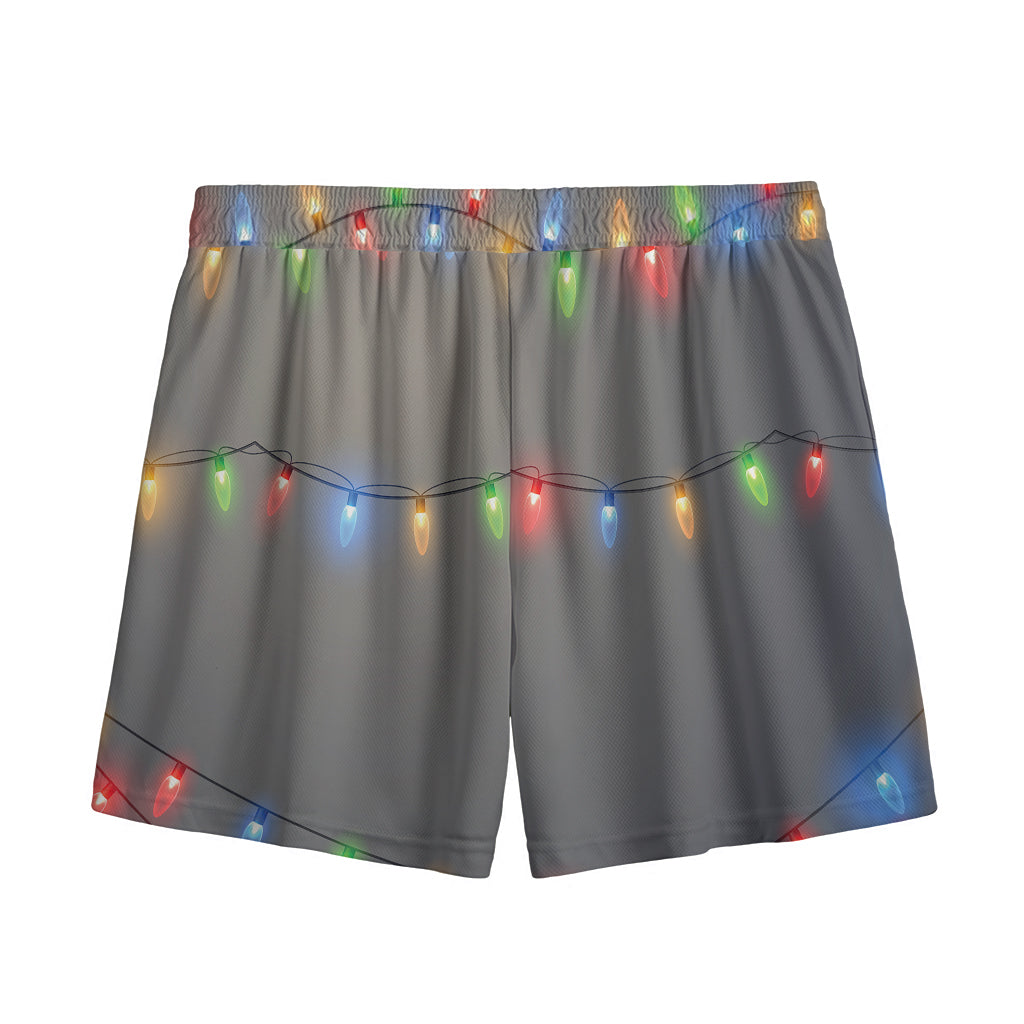 Colorful Christmas String Lights Print Mesh Shorts