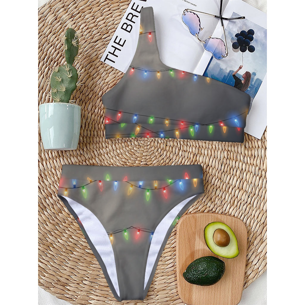 Colorful Christmas String Lights Print One Shoulder Bikini Top