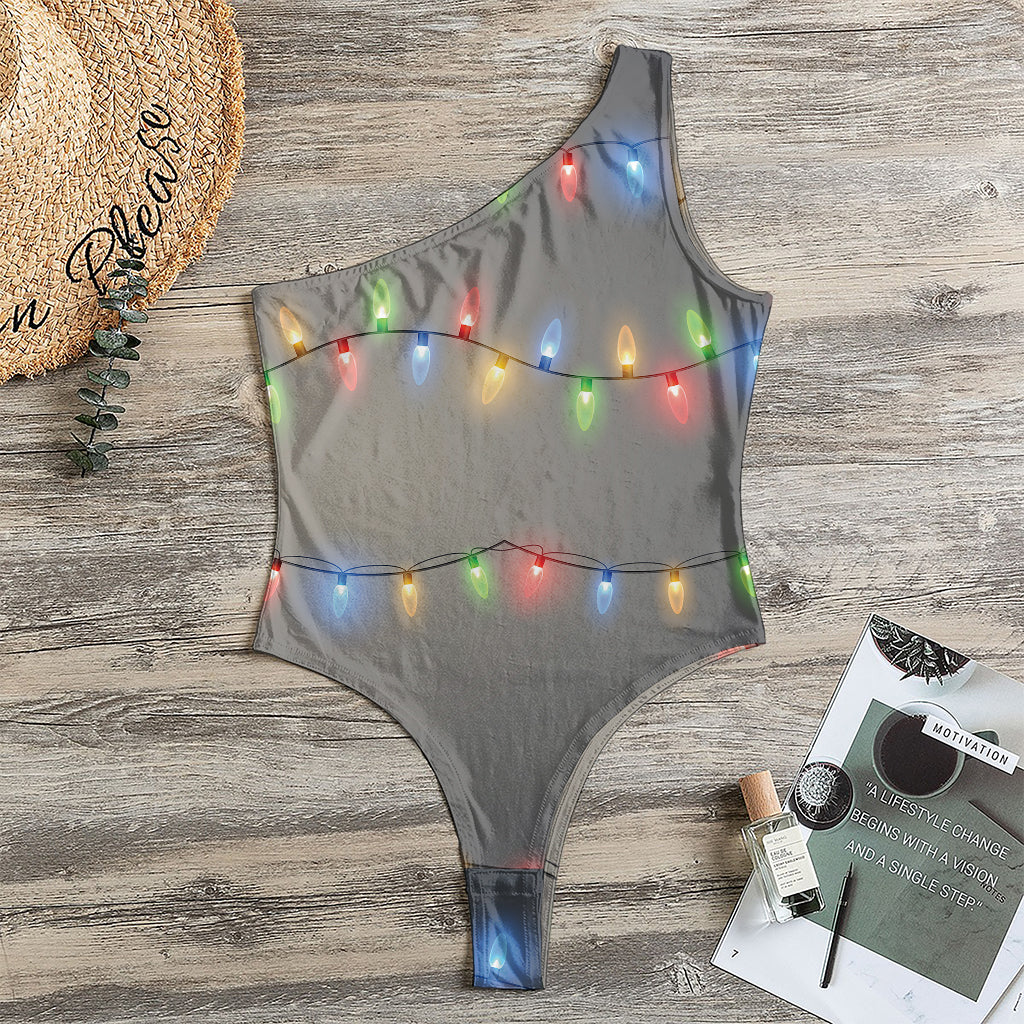 Colorful Christmas String Lights Print One Shoulder Bodysuit