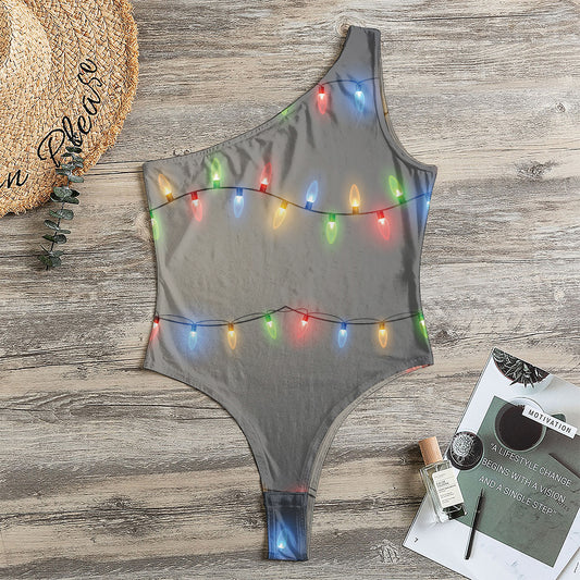Colorful Christmas String Lights Print One Shoulder Bodysuit