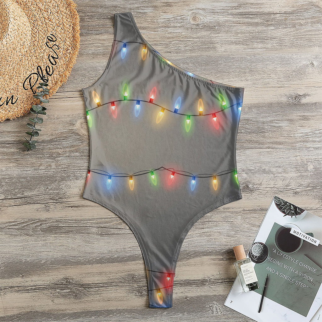 Colorful Christmas String Lights Print One Shoulder Bodysuit