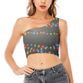 Colorful Christmas String Lights Print One Shoulder Crop Top