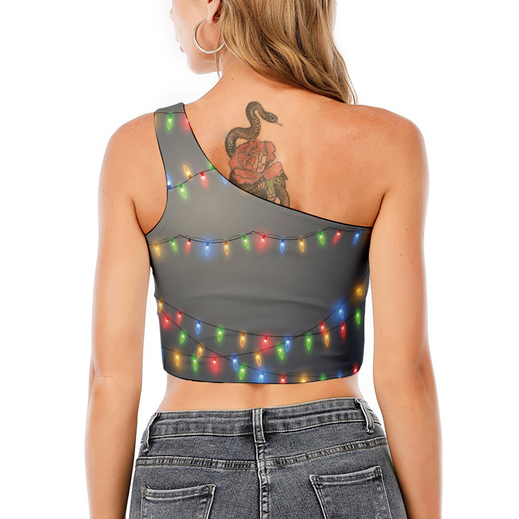 Colorful Christmas String Lights Print One Shoulder Crop Top
