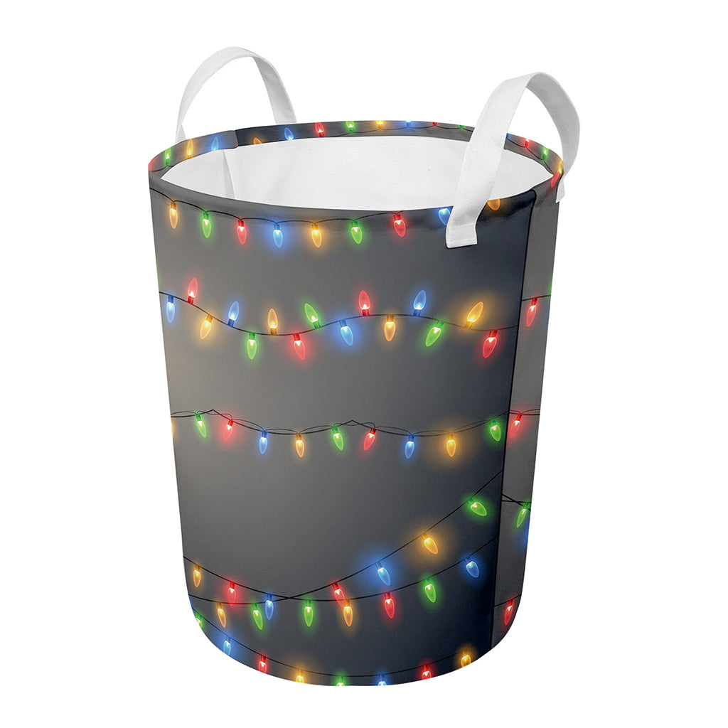 Colorful Christmas String Lights Print Round Laundry Basket