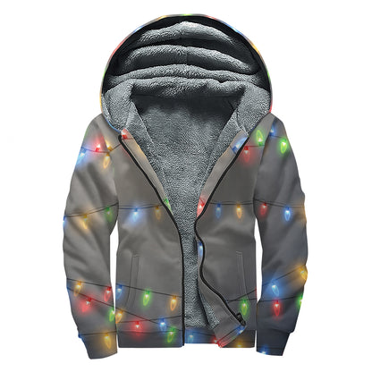 Colorful Christmas String Lights Print Sherpa Lined Zip Up Hoodie