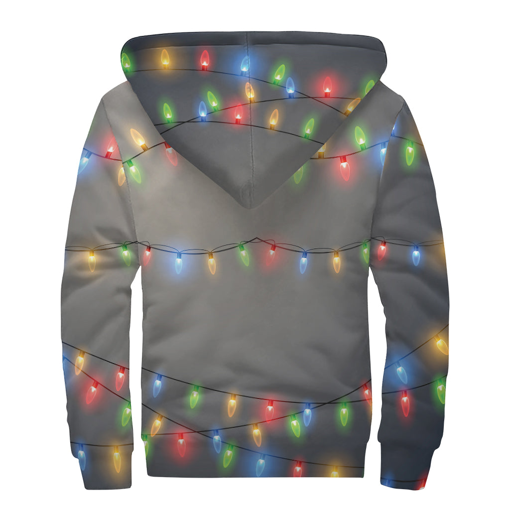 Colorful Christmas String Lights Print Sherpa Lined Zip Up Hoodie