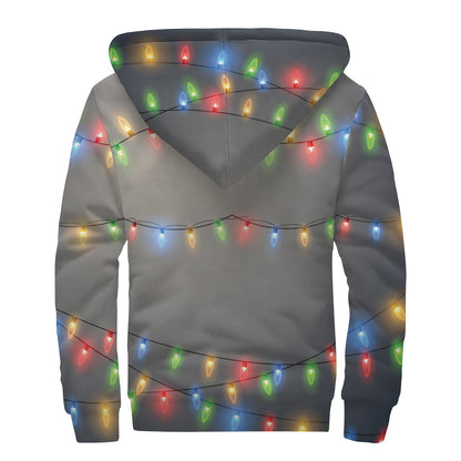 Colorful Christmas String Lights Print Sherpa Lined Zip Up Hoodie