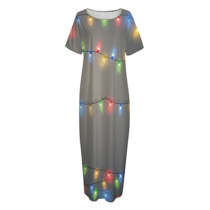 Colorful Christmas String Lights Print Short Sleeve Long Nightdress