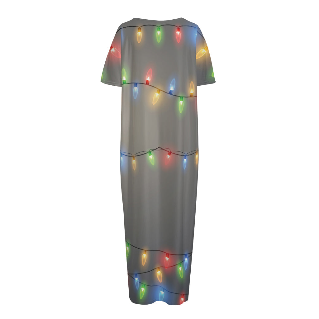 Colorful Christmas String Lights Print Short Sleeve Long Nightdress
