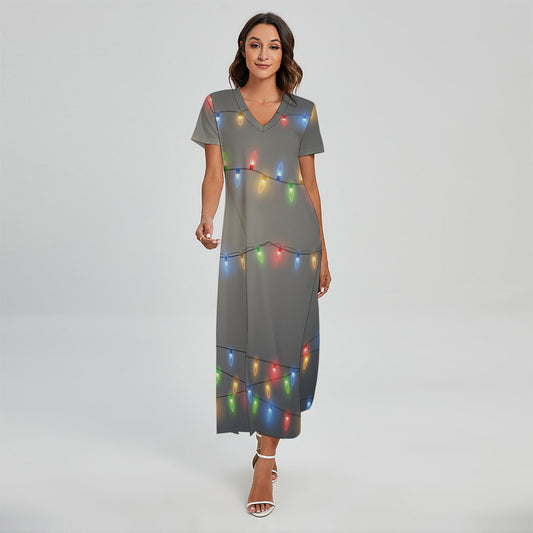 Colorful Christmas String Lights Print Short Sleeve Maxi Dress