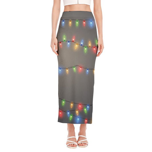 Colorful Christmas String Lights Print Side Slit Maxi Skirt