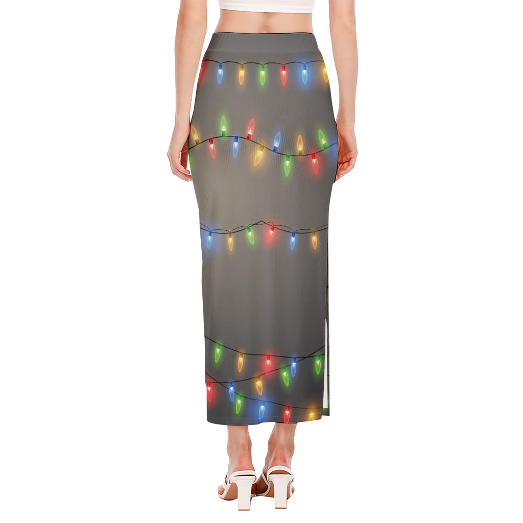 Colorful Christmas String Lights Print Side Slit Maxi Skirt