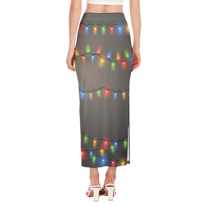 Colorful Christmas String Lights Print Side Slit Maxi Skirt