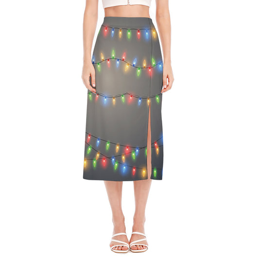 Colorful Christmas String Lights Print Side Slit Midi Skirt