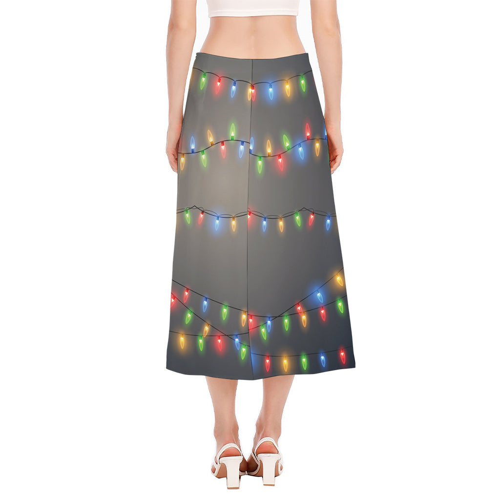 Colorful Christmas String Lights Print Side Slit Midi Skirt