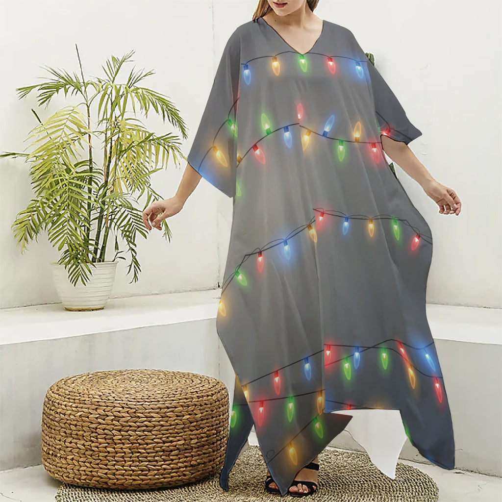 Colorful Christmas String Lights Print Silk V-Neck Kaftan Dress