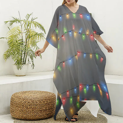 Colorful Christmas String Lights Print Silk V-Neck Kaftan Dress