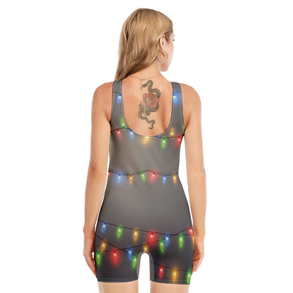 Colorful Christmas String Lights Print Sleeveless One Piece Swimsuit
