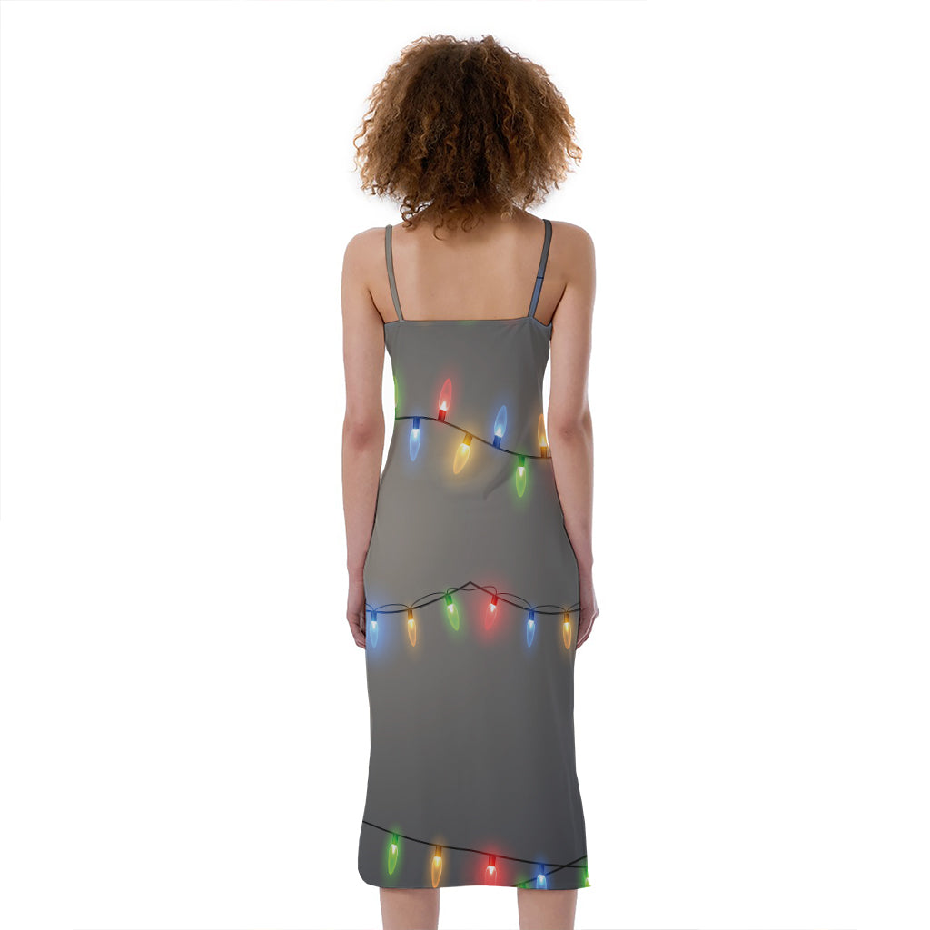 Colorful Christmas String Lights Print Slim Fit Midi Cami Dress