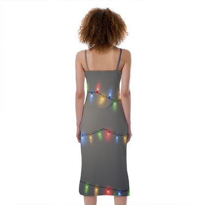 Colorful Christmas String Lights Print Slim Fit Midi Cami Dress