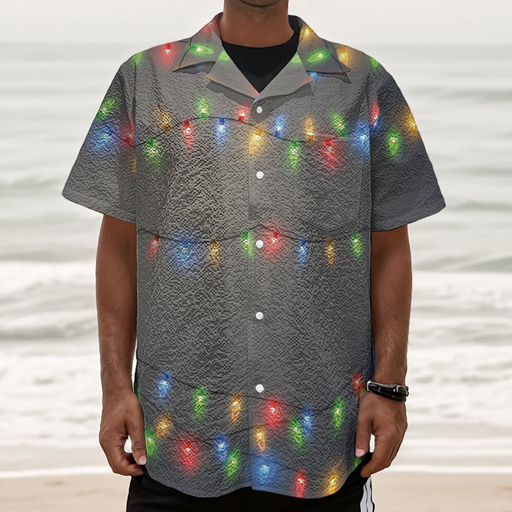 Colorful Christmas String Lights Print Textured Short Sleeve Shirt