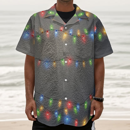 Colorful Christmas String Lights Print Textured Short Sleeve Shirt