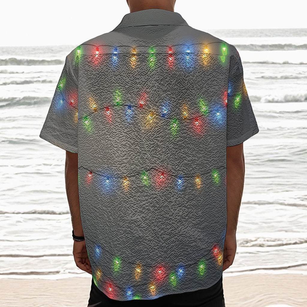 Colorful Christmas String Lights Print Textured Short Sleeve Shirt