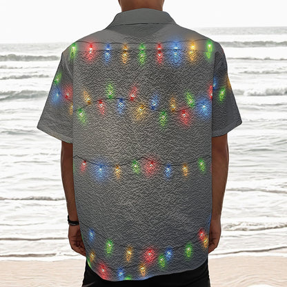 Colorful Christmas String Lights Print Textured Short Sleeve Shirt