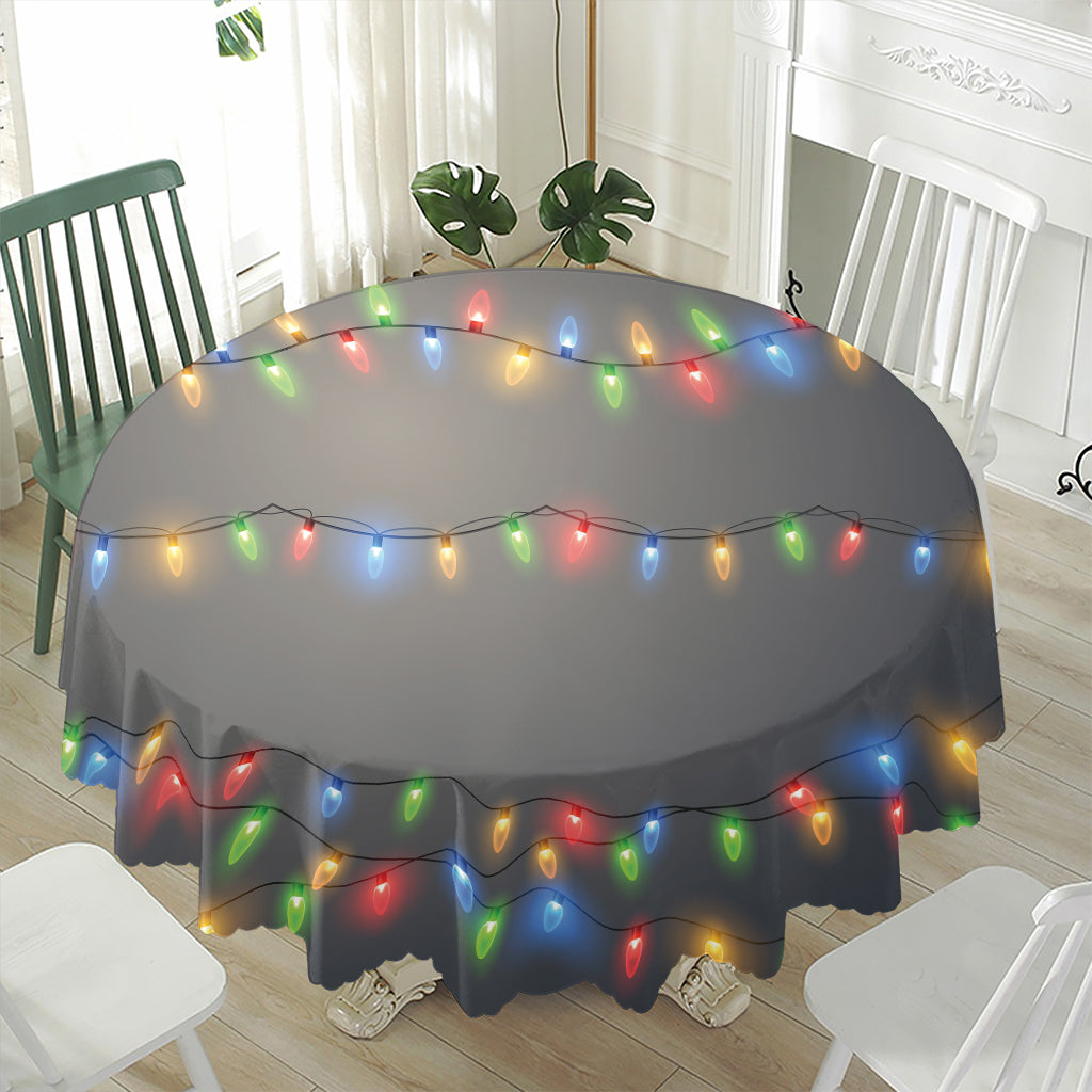 Colorful Christmas String Lights Print Waterproof Round Tablecloth