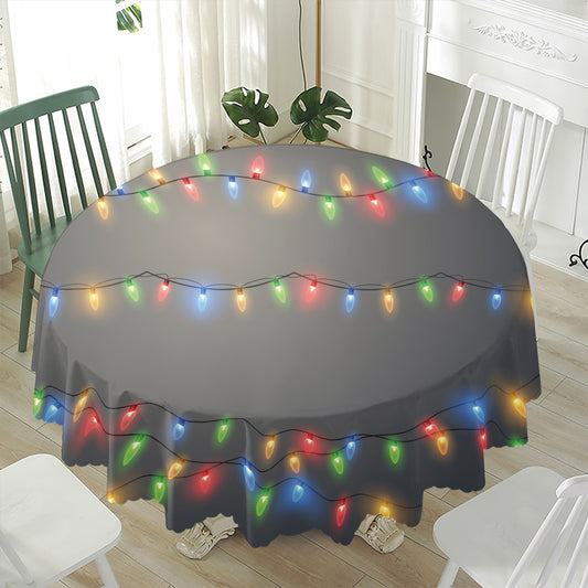 Colorful Christmas String Lights Print Waterproof Round Tablecloth