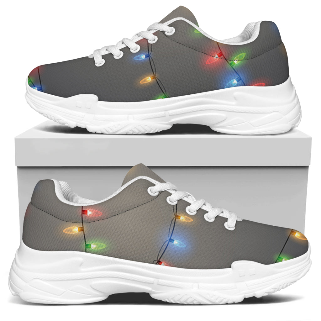Colorful Christmas String Lights Print White Chunky Shoes