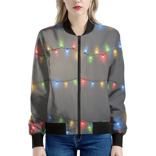 Colorful Christmas String Lights Print Women's Bomber Jacket