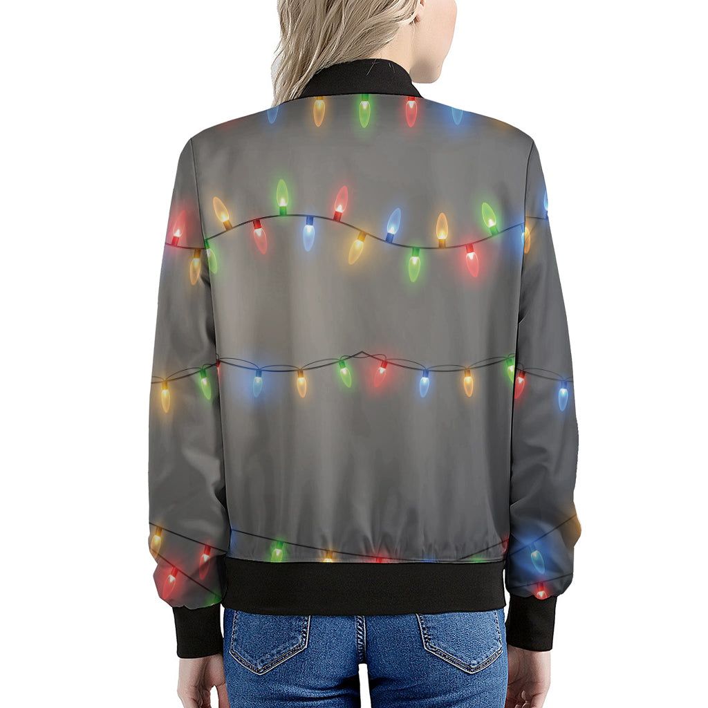 Colorful Christmas String Lights Print Women's Bomber Jacket