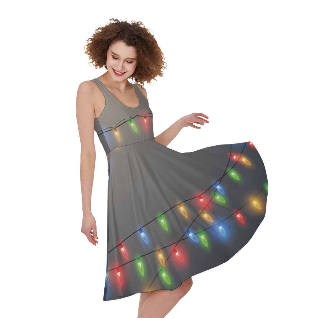 Colorful Christmas String Lights Print Women's Sleeveless Dress