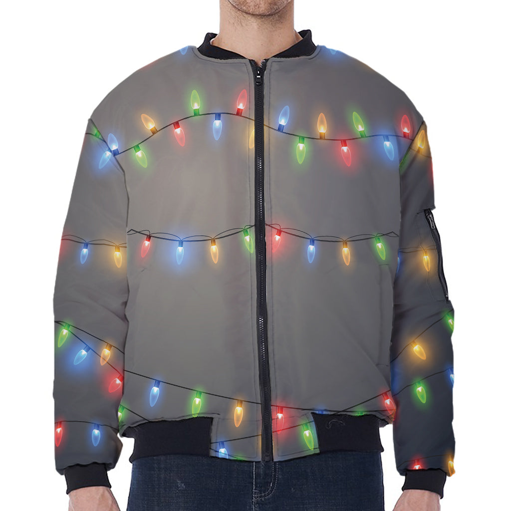 Colorful Christmas String Lights Print Zip Sleeve Bomber Jacket