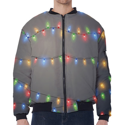 Colorful Christmas String Lights Print Zip Sleeve Bomber Jacket