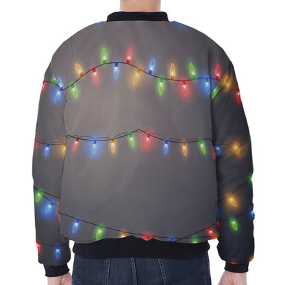 Colorful Christmas String Lights Print Zip Sleeve Bomber Jacket