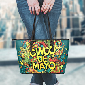 Colorful Cinco de Mayo Print Leather Tote Bag