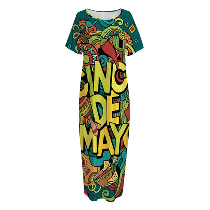 Colorful Cinco de Mayo Print Short Sleeve Long Nightdress