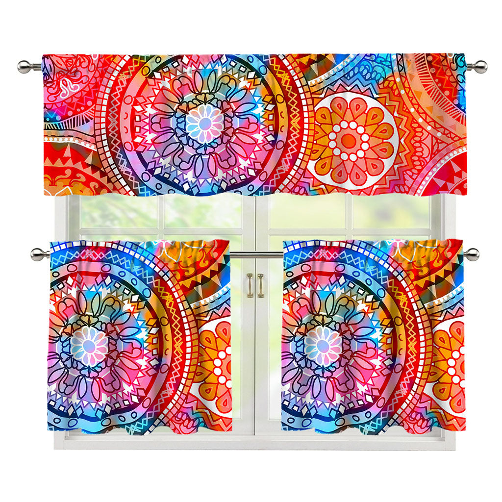 Colorful Circle Mandala Print 3 Piece Kitchen Curtains