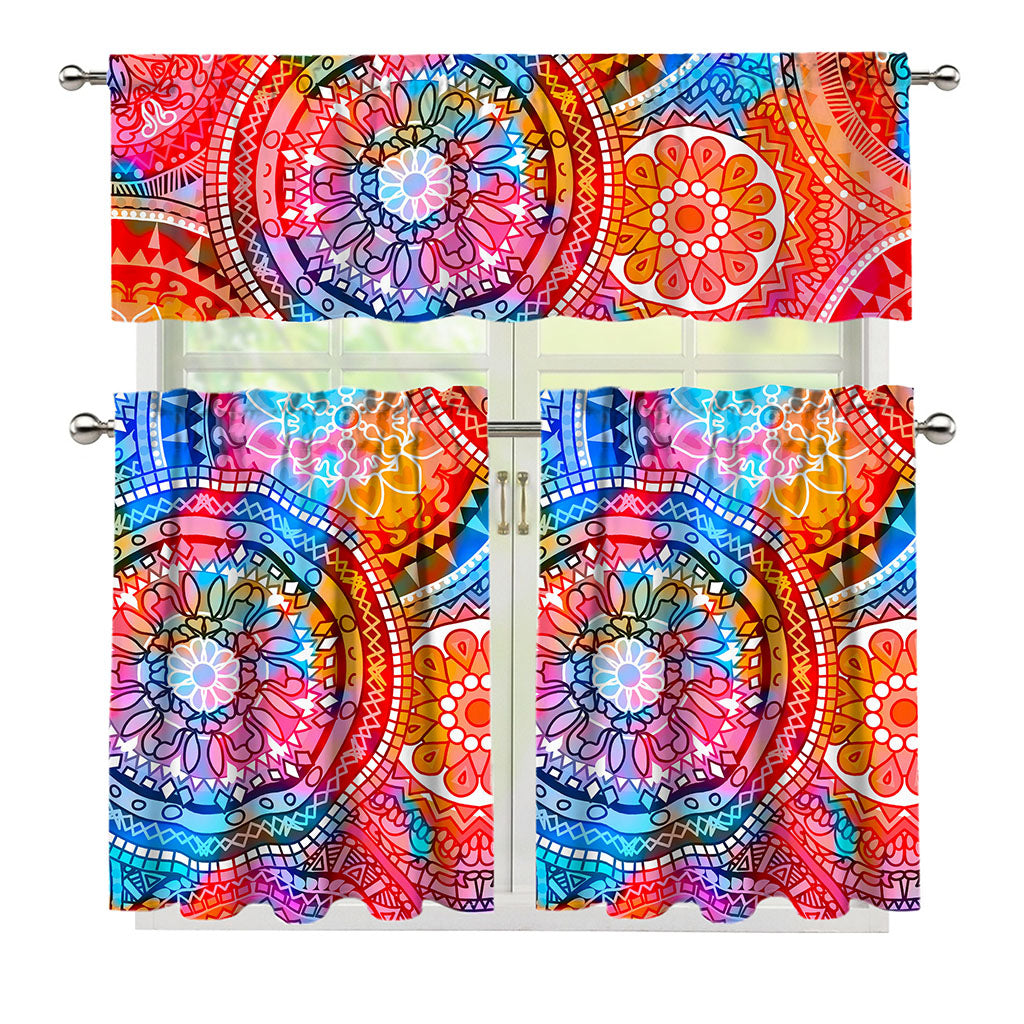 Colorful Circle Mandala Print 3 Piece Kitchen Curtains