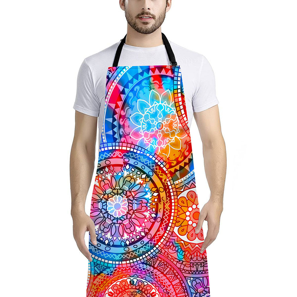 Colorful Circle Mandala Print Bib Apron With Pocket