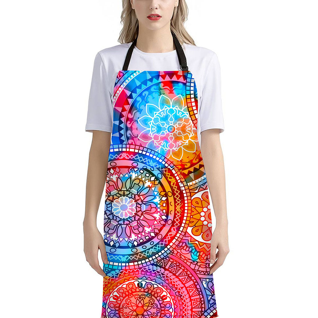Colorful Circle Mandala Print Bib Apron With Pocket