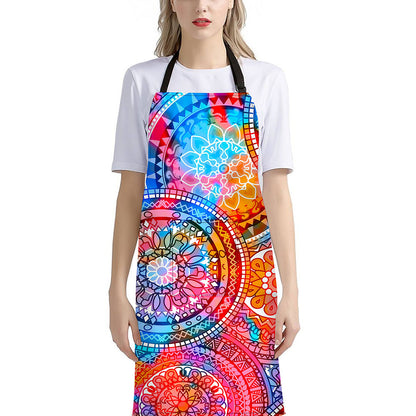 Colorful Circle Mandala Print Bib Apron With Pocket