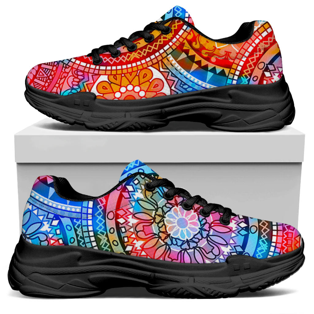 Colorful Circle Mandala Print Black Chunky Shoes