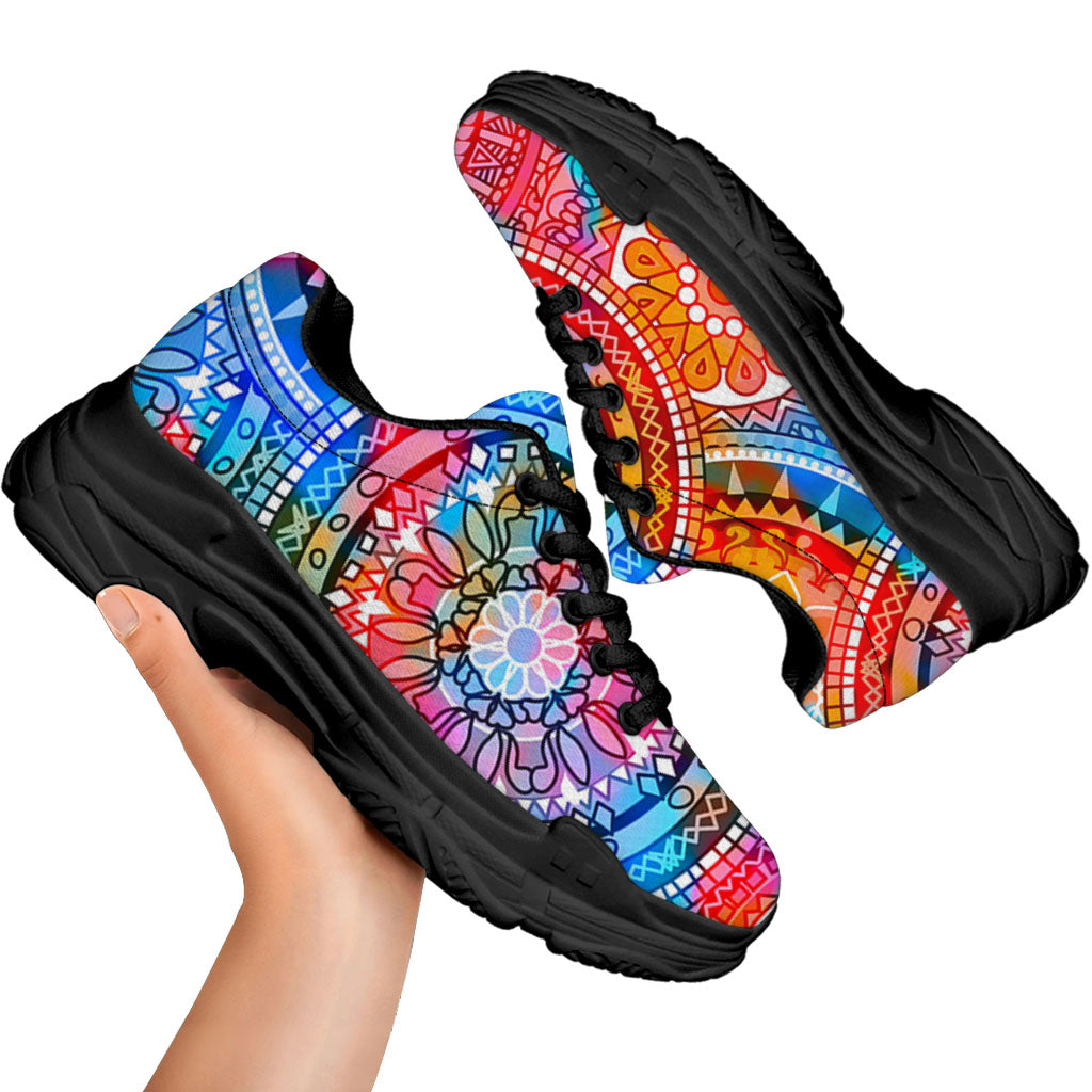 Colorful Circle Mandala Print Black Chunky Shoes