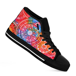 Colorful Circle Mandala Print Black High Top Sneakers