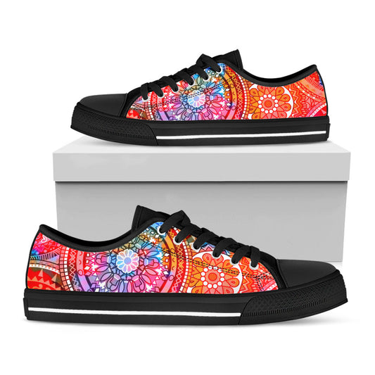 Colorful Circle Mandala Print Black Low Top Sneakers