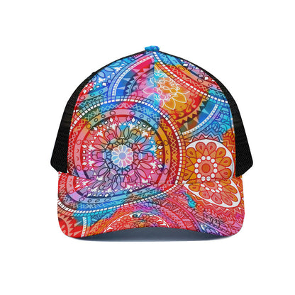 Colorful Circle Mandala Print Black Mesh Trucker Cap