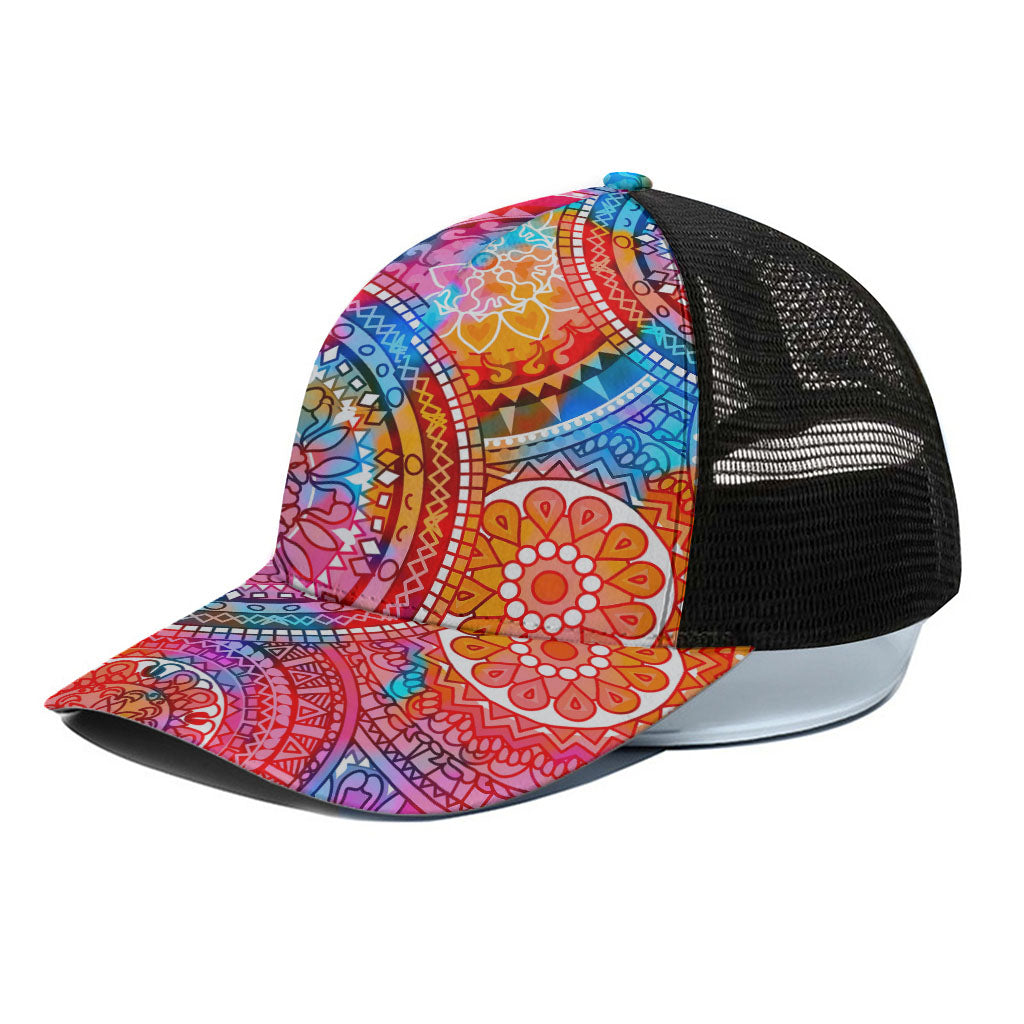 Colorful Circle Mandala Print Black Mesh Trucker Cap
